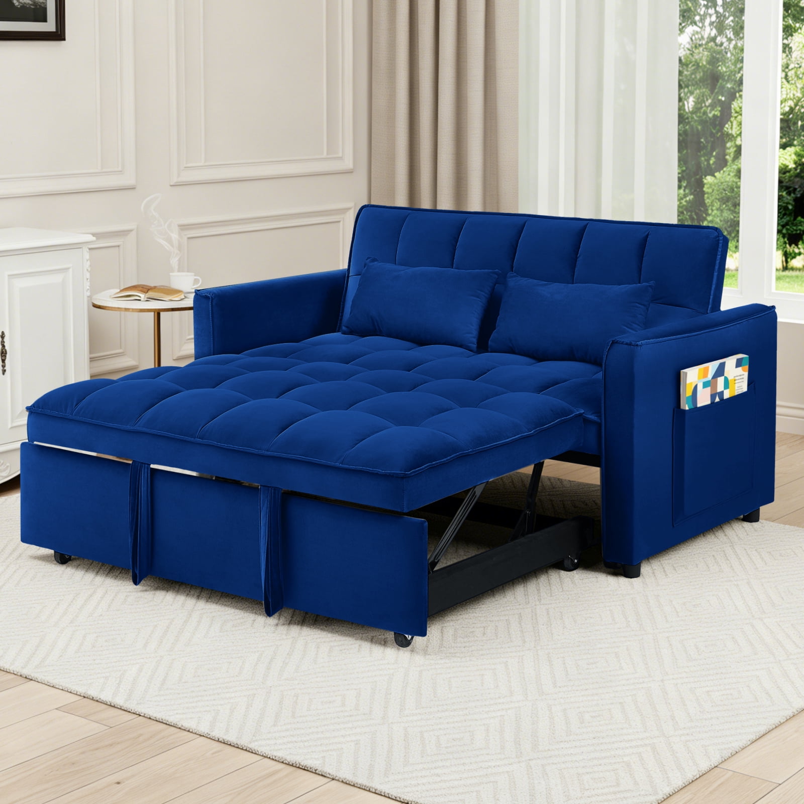 EPOWP 3 in 1 Folding Convertible Sofa Bed,55'' Pull Out Couch Bed with Side Pocket,Velvet Fabric Loveseat Sleeper Sofa with Adjustable Backrest,Easy Assembly,Perfect for Living Room,Blue