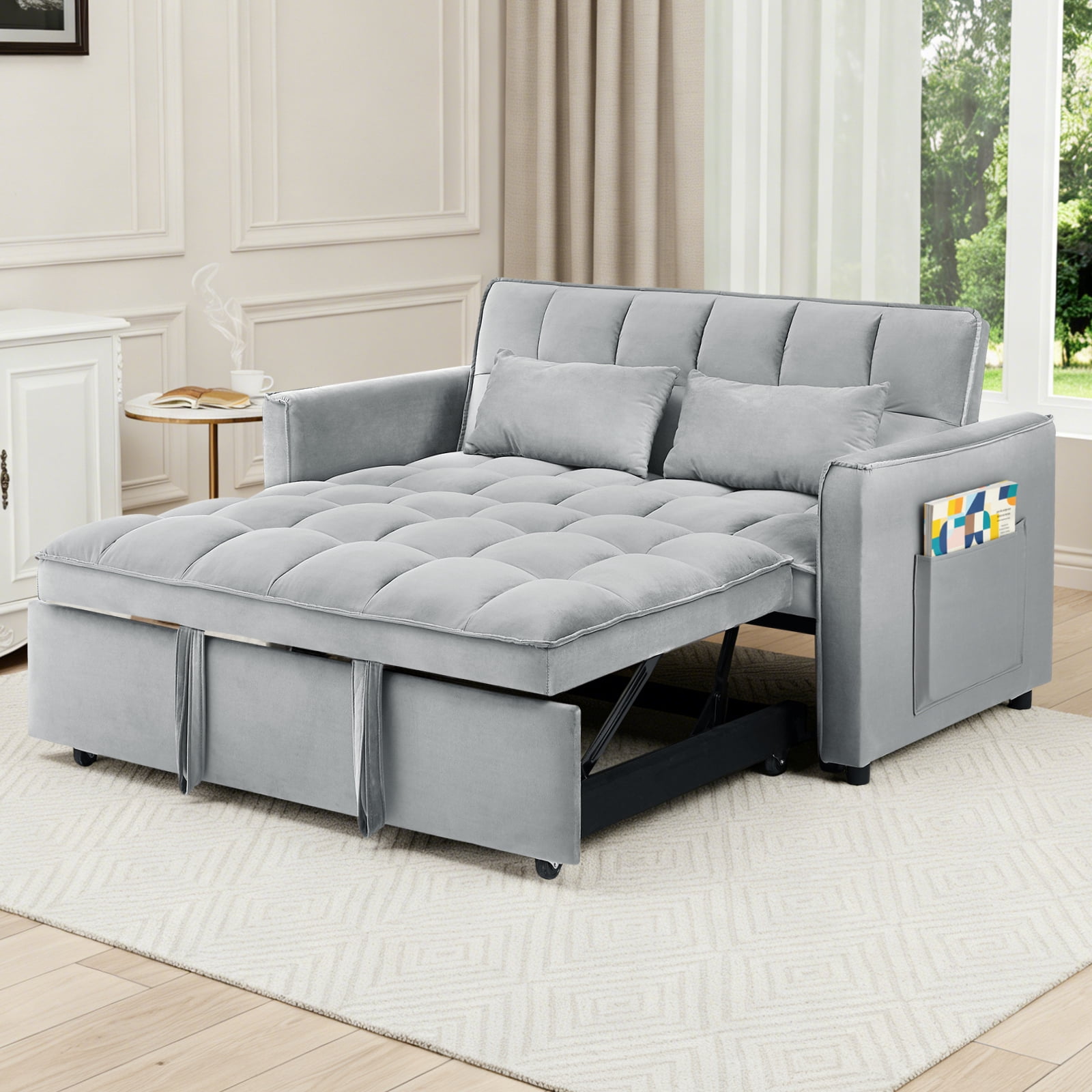 EPOWP 3 in 1 Folding Convertible Sofa Bed,55'' Pull Out Couch Bed with Side Pocket,Velvet Fabric Loveseat Sleeper Sofa with Adjustable Backrest,Easy Assembly,Perfect for Living Room,Light Grey