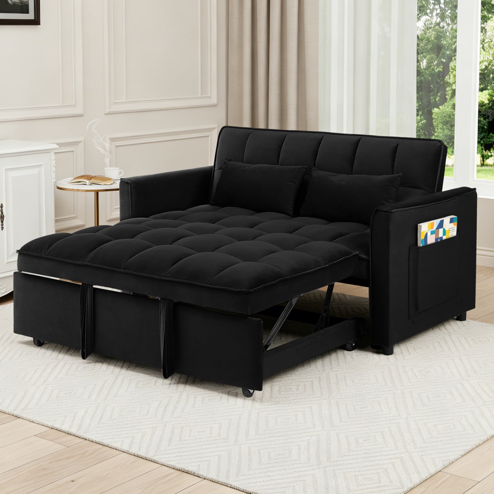 EPOWP 3 in 1 Folding Convertible Sofa Bed,55'' Pull Out Couch Bed with Side Pocket,Velvet Fabric Loveseat Sleeper Sofa with Adjustable Backrest,Easy Assembly,Perfect for Living Room,Black