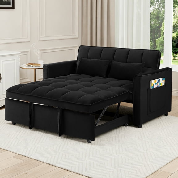 EPOWP 3 in 1 Folding Convertible Sofa Bed,55'' Pull Out Couch Bed with Side Pocket,Velvet Fabric Loveseat Sleeper Sofa with Adjustable Backrest,Easy Assembly,Perfect for Living Room,Black