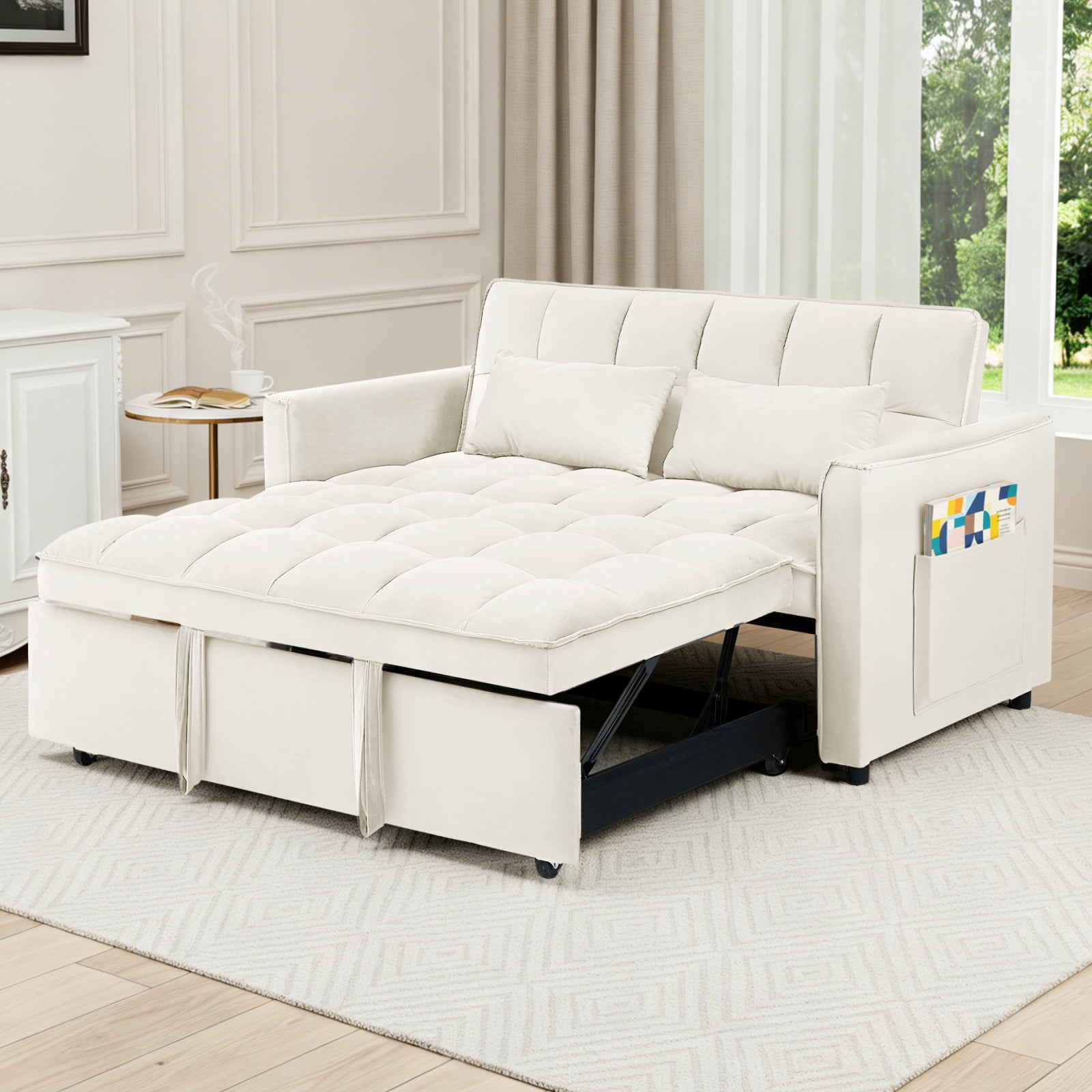 EPOWP 3 in 1 Folding Convertible Sofa Bed,55'' Pull Out Couch Bed with Side Pocket,Velvet Fabric Loveseat Sleeper Sofa with Adjustable Backrest,Easy Assembly,Perfect for Living Room,Off White