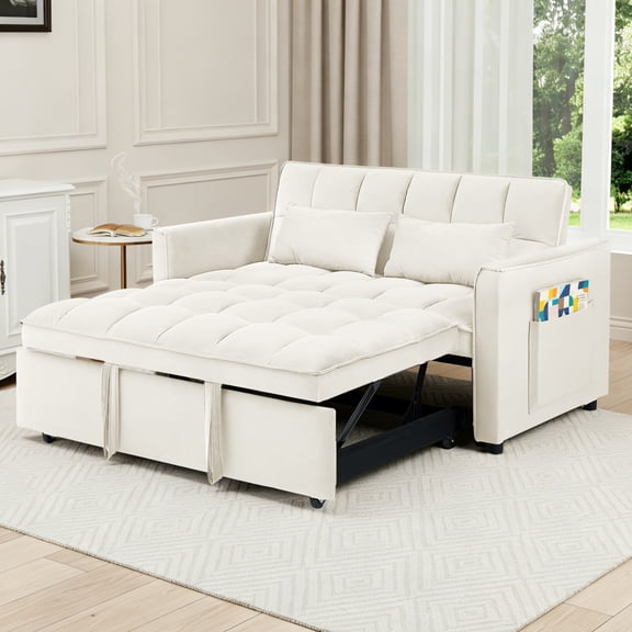 EPOWP 3 in 1 Folding Convertible Sofa Bed,55'' Pull Out Couch Bed with Side Pocket,Velvet Fabric Loveseat Sleeper Sofa with Adjustable Backrest,Easy Assembly,Perfect for Living Room,Off White