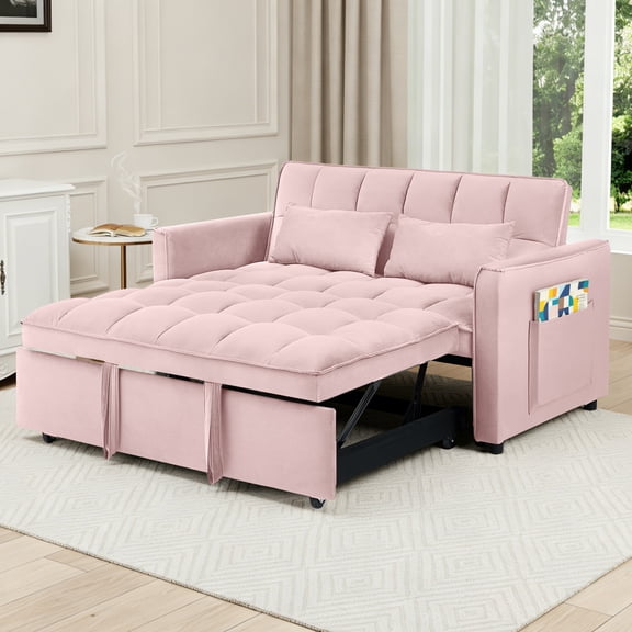 EPOWP 3 in 1 Folding Convertible Sofa Bed,55'' Pull Out Couch Bed with Side Pocket,Velvet Fabric Loveseat Sleeper Sofa with Adjustable Backrest,Easy Assembly,Perfect for Living Room,Pink
