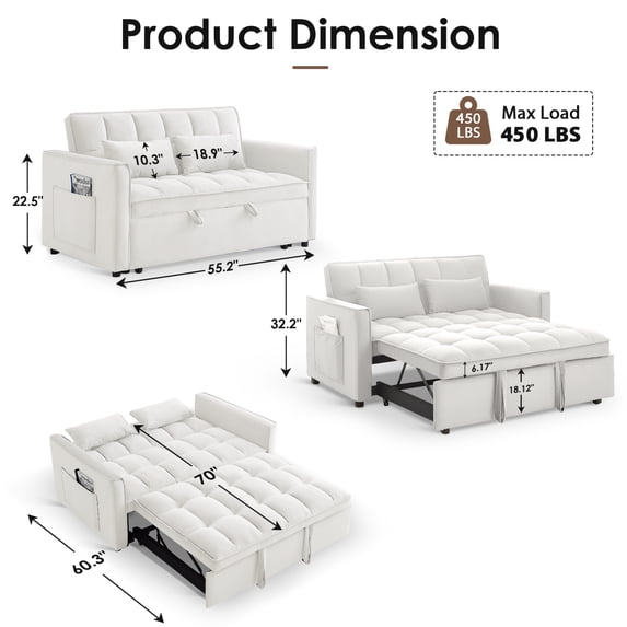 54" 3 in 1 Convertible Sleeper Sofa Bed, Pull Out Loveseat Couch with ...
