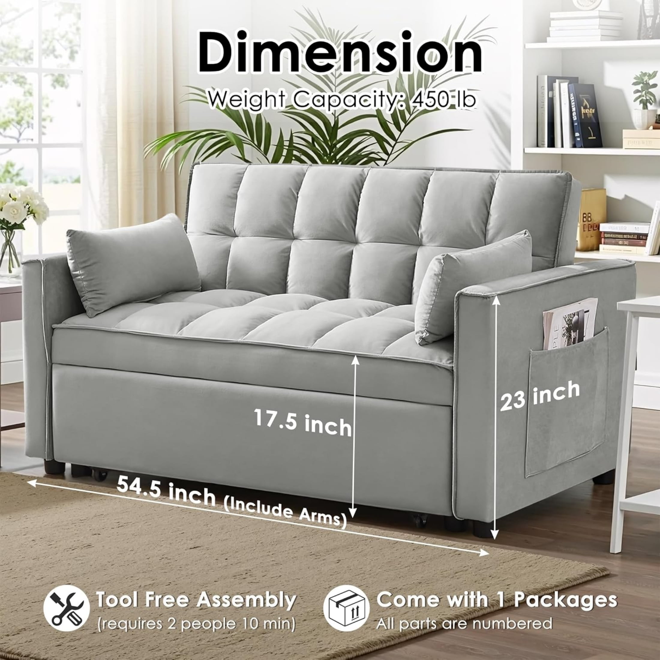 Vinform 54" 3 in 1 Convertible Sleeper Sofa Bed, Pull Out Loveseat Couch with Storage Pocket, Light Gray