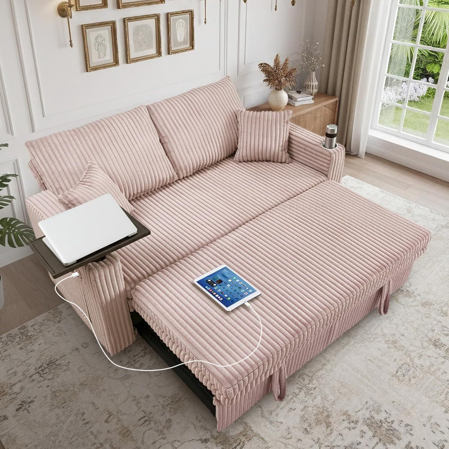 EPOWP 65'' Convertible Corduroy Sofa Bed with USB Charging Port & Swivel Side Table,3-in-1 Pull Out Couch with Adjustable Backrest,Futon Couches for Living Room,Bedroom, Guest Room,Easy Assembly