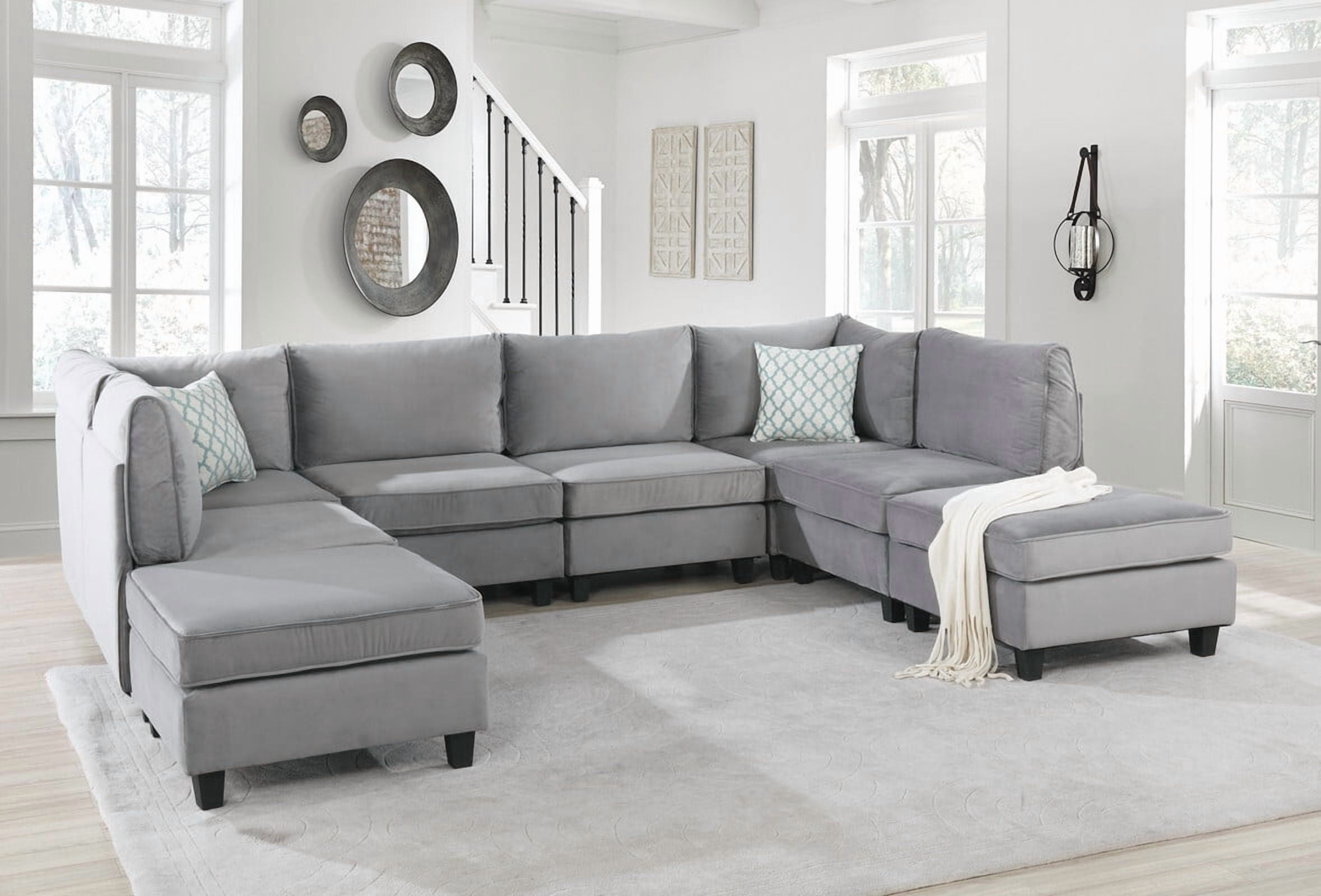 Howcool Cloud Couch Modular Sectional Sofa 6 Seater, 8‑Piece 120" U‑Shaped Velvet Couch, Reconfigurable Convertible Set with 2 Ottomans & Accent Pillows for Living Room, Gray