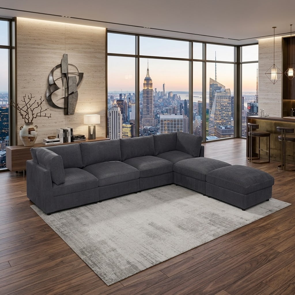Howcool Cloud Couch Modular Sectional Sofa 6 Seat 129" L Shaped Reversible Convertible Couch, Corduroy Thick Cushion with Movable Ottomans, Washable Removable Cover for Living Room,Black