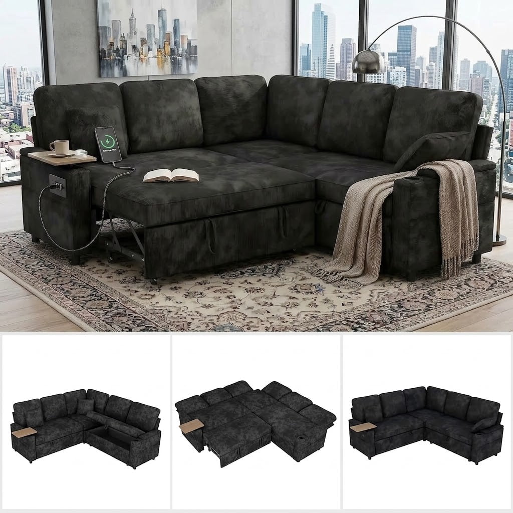 EPOWP 81" Modular Sectional Sleeper Sofa, L Shaped 5-Seater Couch with Pull Out Bed, Large Storage Chaise, USB Charging Ports & Cup Holders, Chenille Sofa Bed for Living Room, Black