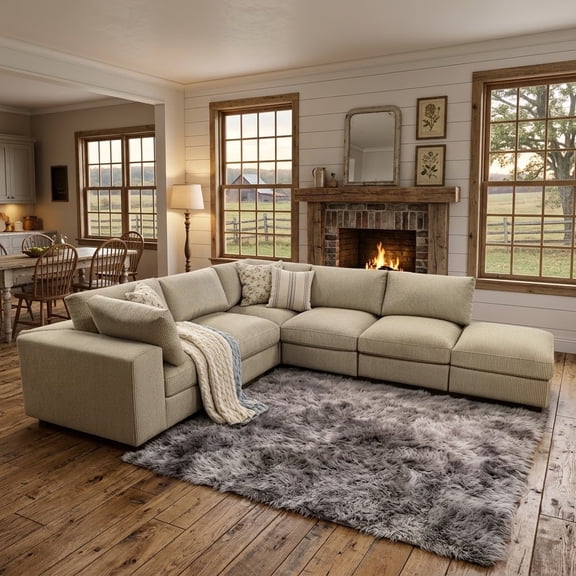 Howcool Cloud Couch Modular Sectional Sofa 6 Seat 122" L Shaped Reversible Convertible Couch, Corduroy Thick Cushion with Movable Ottomans, Washable Removable Cover for Living Room,Camel