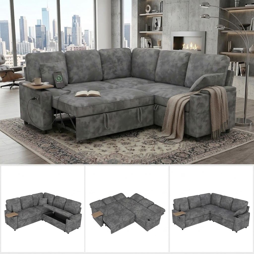 EPOWP 81" Modular Sectional Sleeper Sofa, L Shaped 5-Seater Couch with Pull Out Bed, Large Storage Chaise, USB Charging Ports & Cup Holders, Chenille Sofa Bed for Living Room, Grey