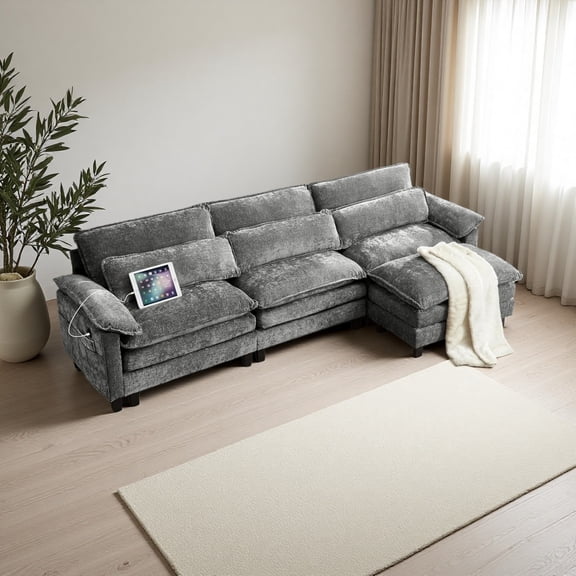 EPOWP Cloud Modular Sectional Sofa with Movable Ottoman, Comfy L Shaped Couch for Living Room, Chenille, 4-Seat, Stardust Gray