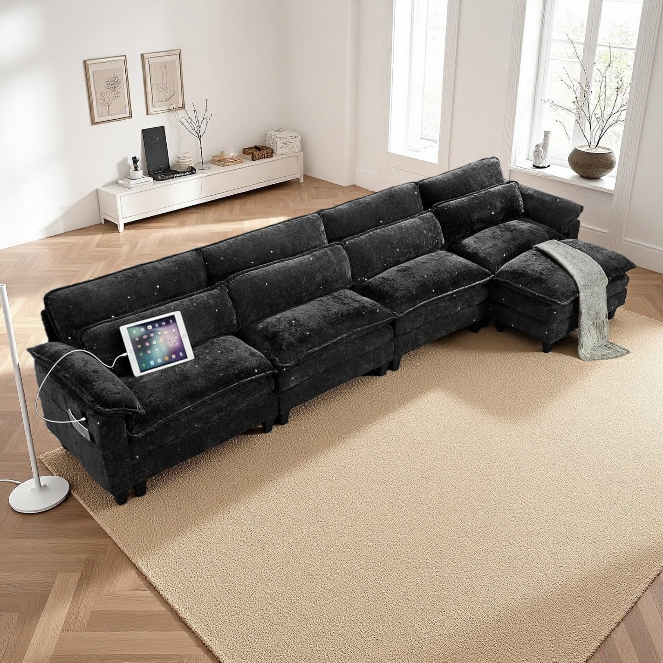 EPOWP Cloud Modular Sectional Sofa with Movable Ottoman, Comfy L Shaped Couch for Living Room, Chenille, 5-Seat, Stardust Black