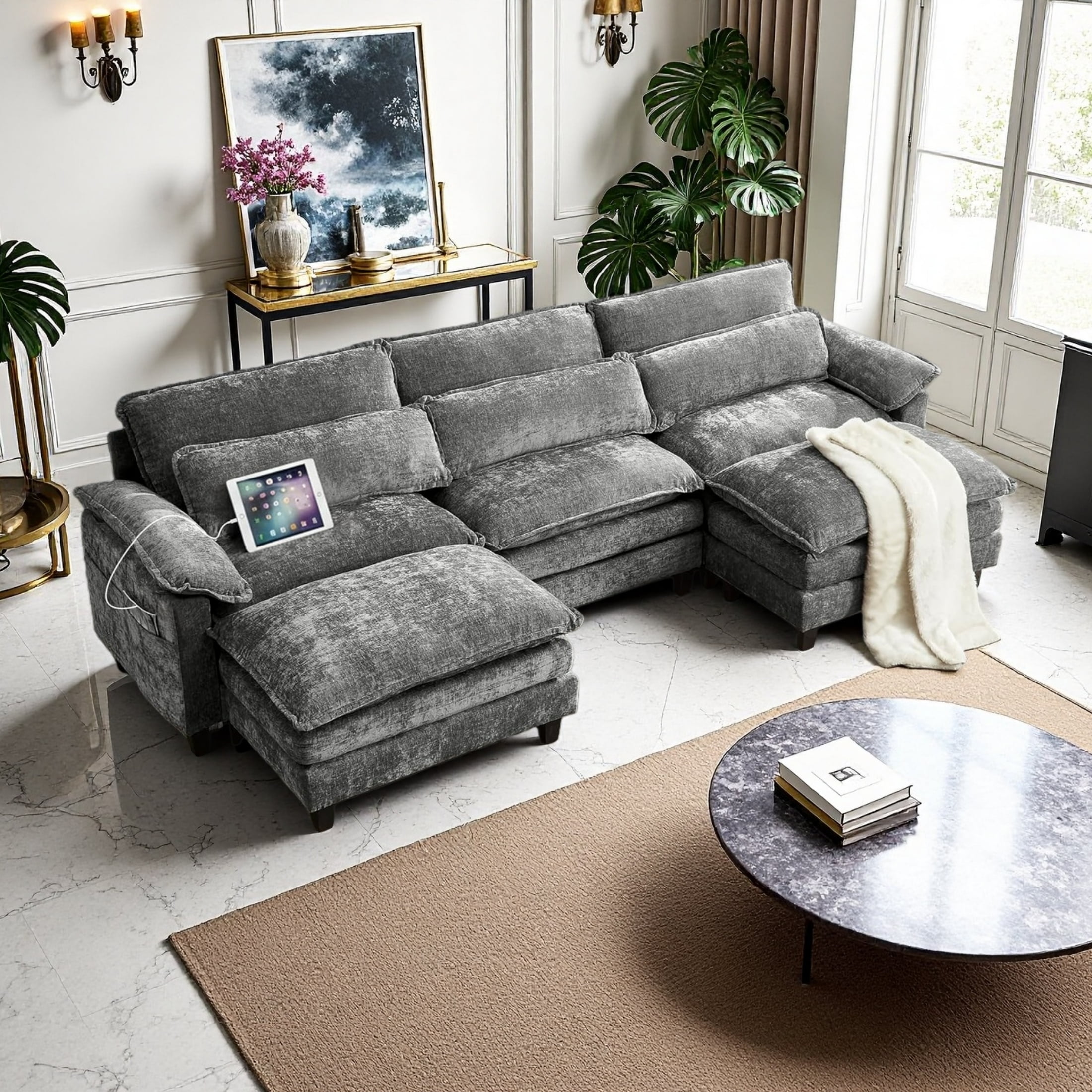 EPOWP Cloud Modular Sectional Sofa with Movable Ottoman, Comfy U Shaped Couch for Living Room, Chenille, 5-Seat, Stardust Gray