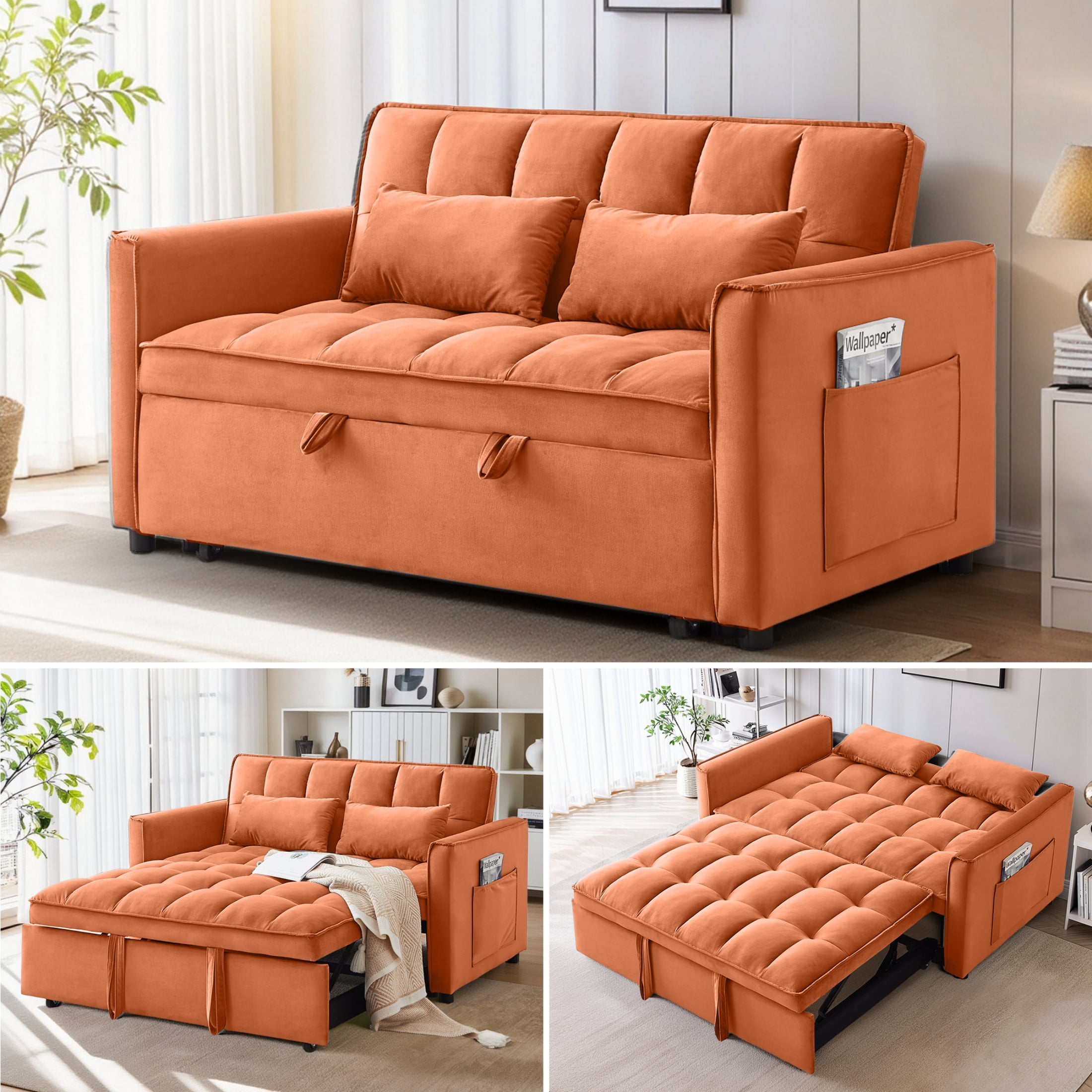 EPOWP Convertible Sofa Bed, 3 in 1 Pull Out Sleeper Loveseat Couch with Storage, Orange