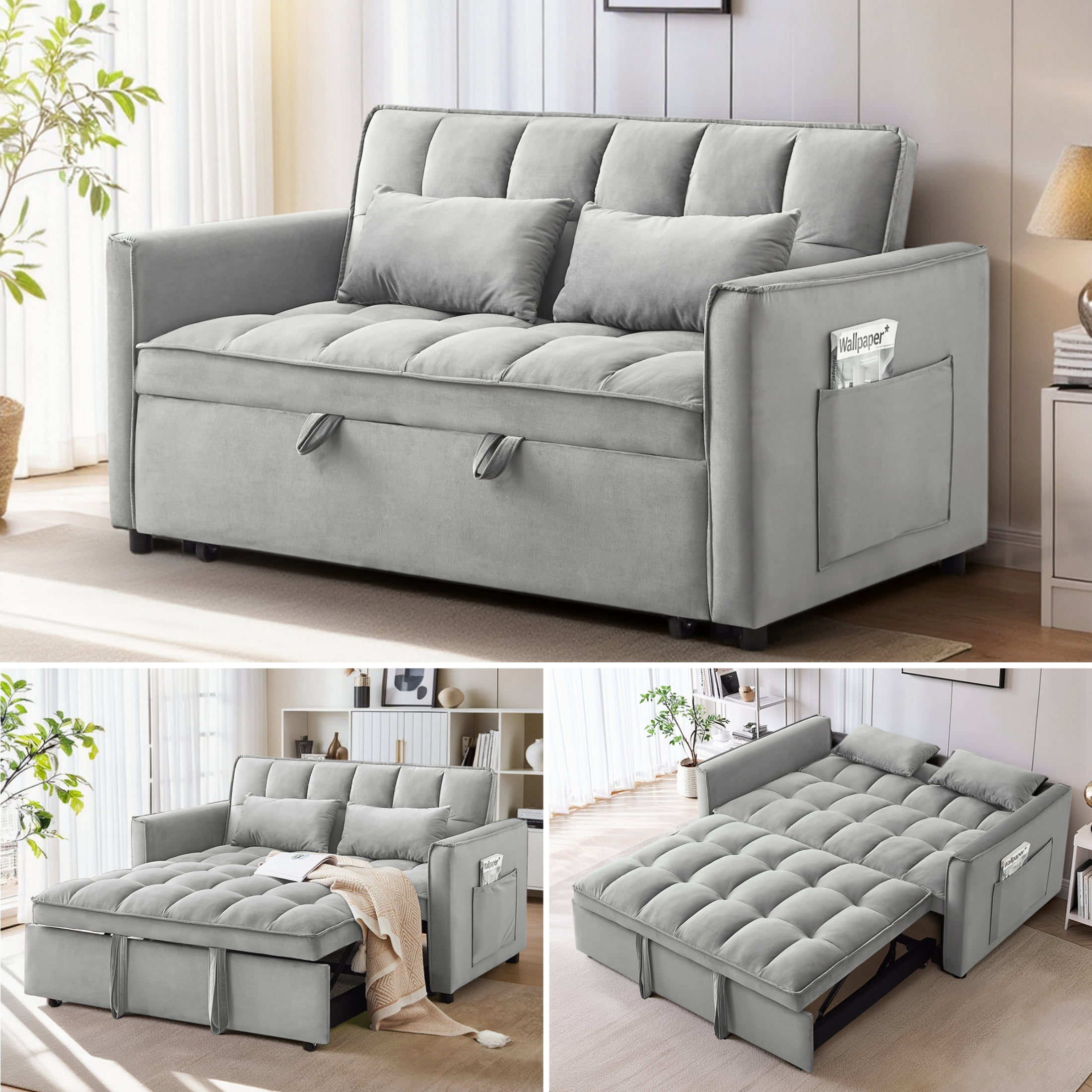 EPOWP Convertible Sofa Bed, 3 in 1 Pull Out Sleeper Loveseat Couch with Storage, Grey