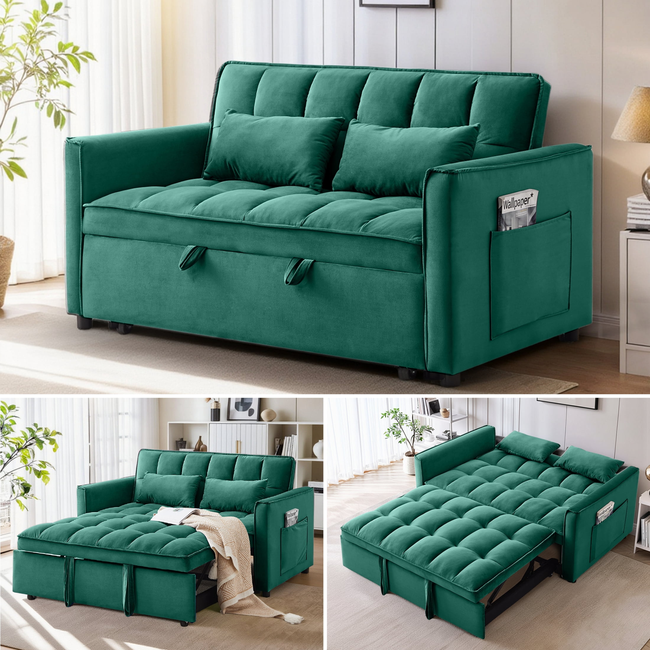 EPOWP Convertible Sofa Bed, 3 in 1 Pull Out Sleeper Loveseat Couch with Storage, Green