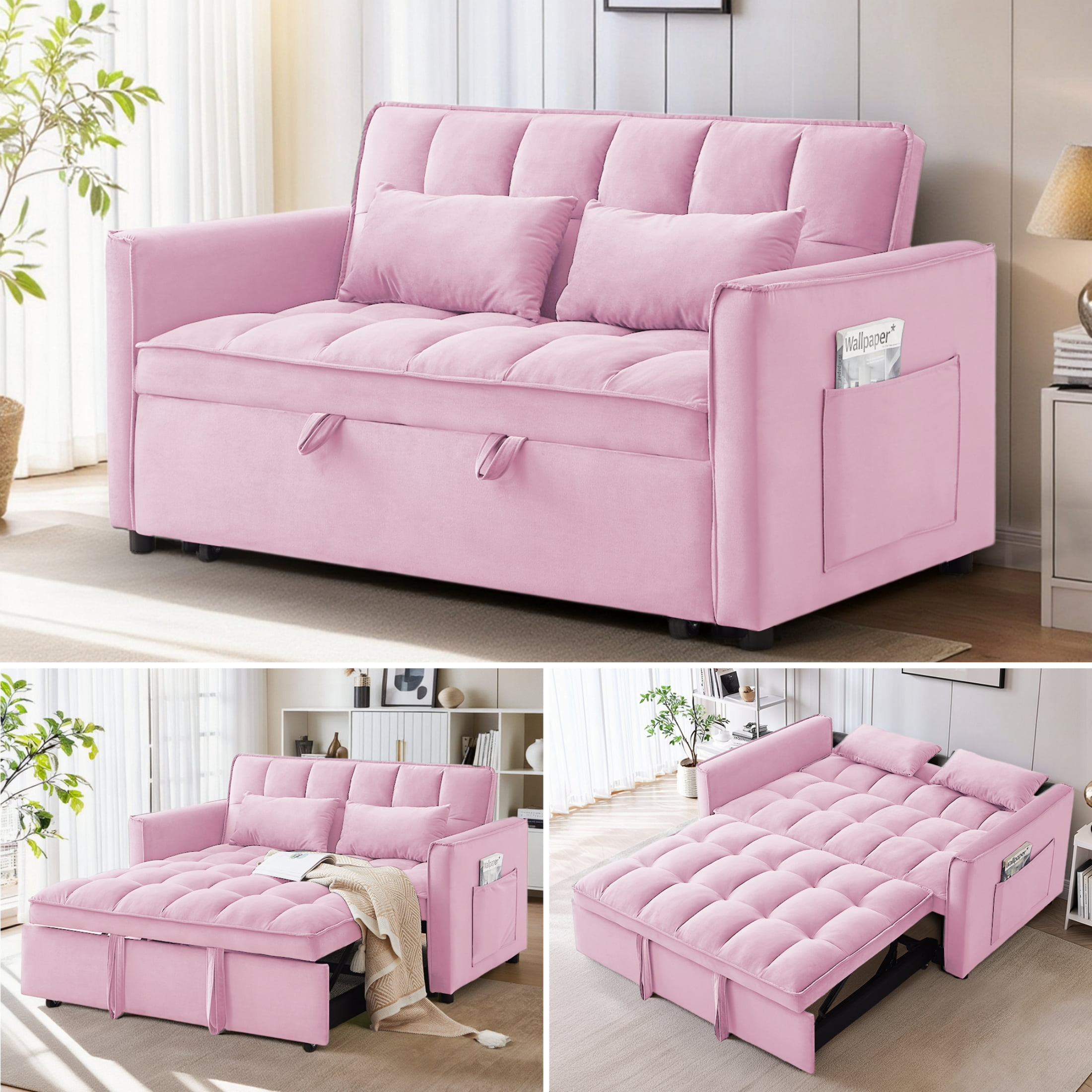 EPOWP Convertible Sofa Bed, 3 in 1 Pull Out Sleeper Loveseat Couch with Storage, Pink