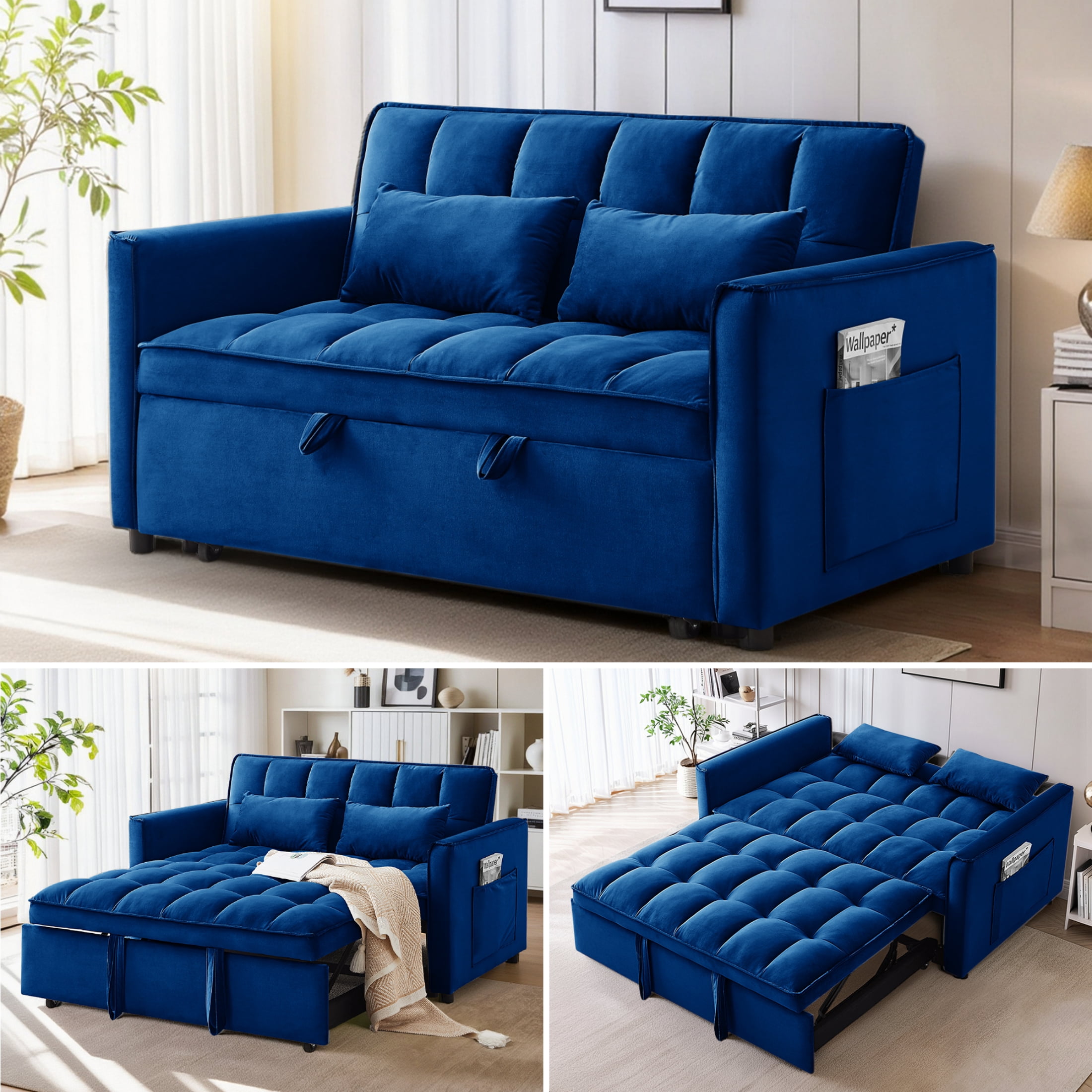 EPOWP Convertible Sofa Bed, 3 in 1 Pull Out Sleeper Loveseat Couch with Storage, Blue
