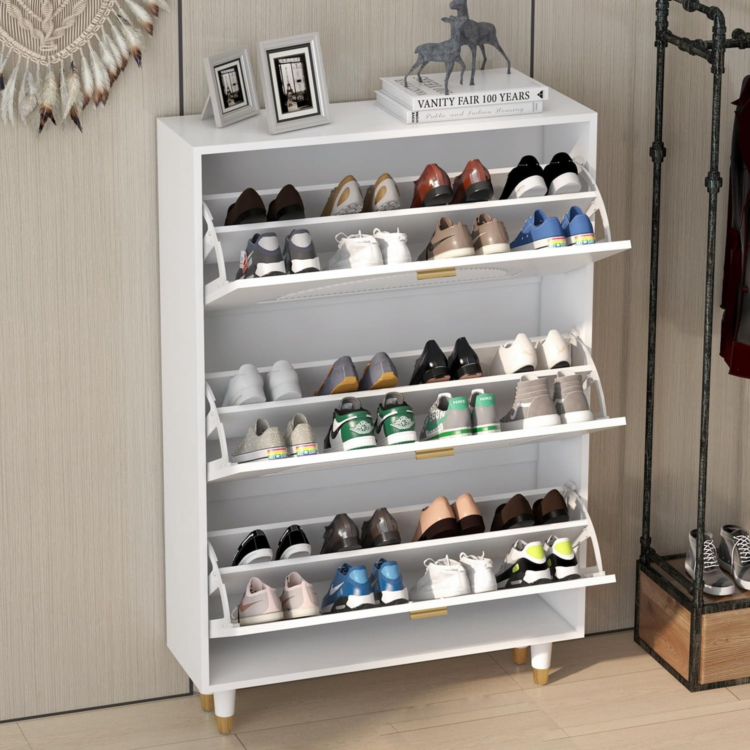Shoe Storage Cabinet with 2 Flip Drawers&1 Small Drawer, Slim Entryway Shoe  Organizer with Half Round Woven Rattan Doors for Sneakers - China Shoe  Storage Cabinet, Shoe Cabinet