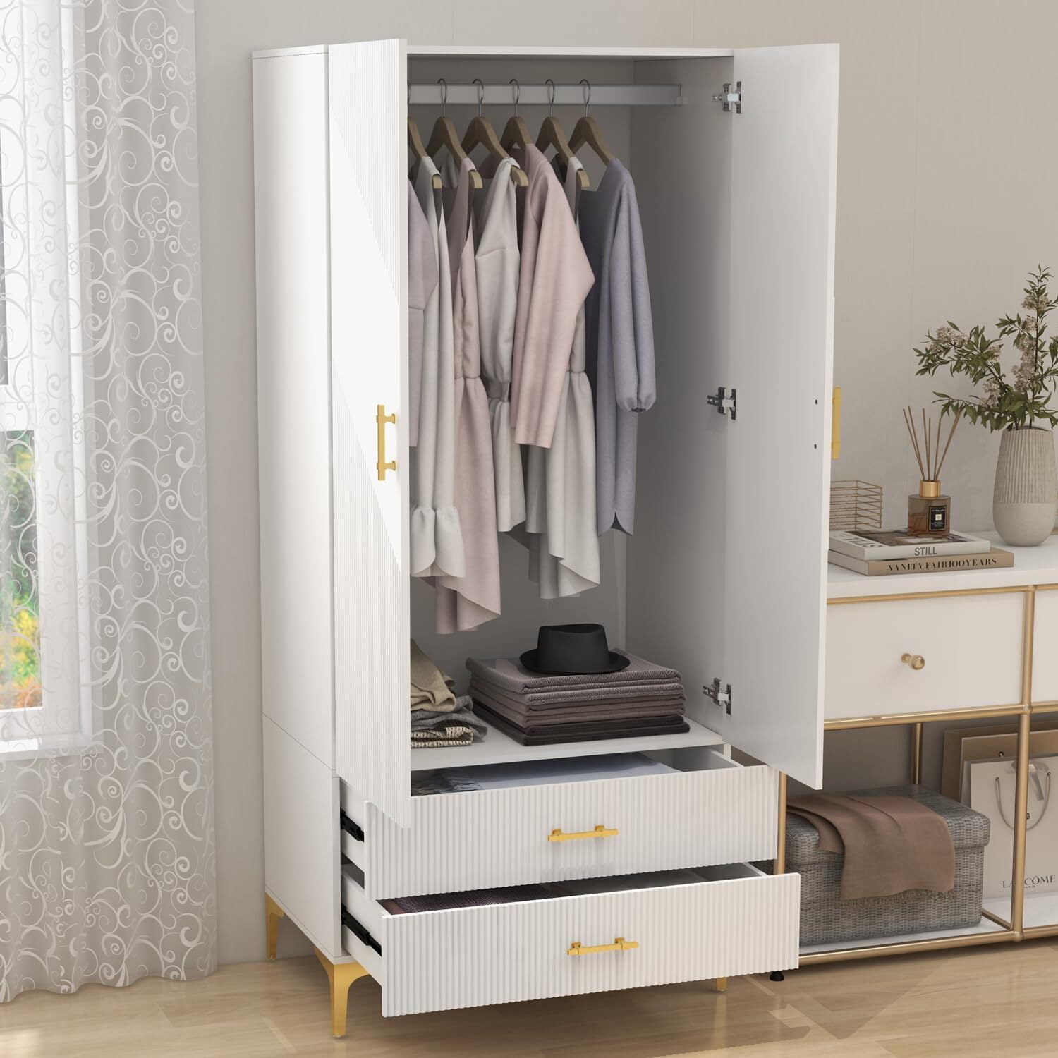 EPOWP FeLeA Wardrobe Closet White for Hanging Clothes, Armoire Portable