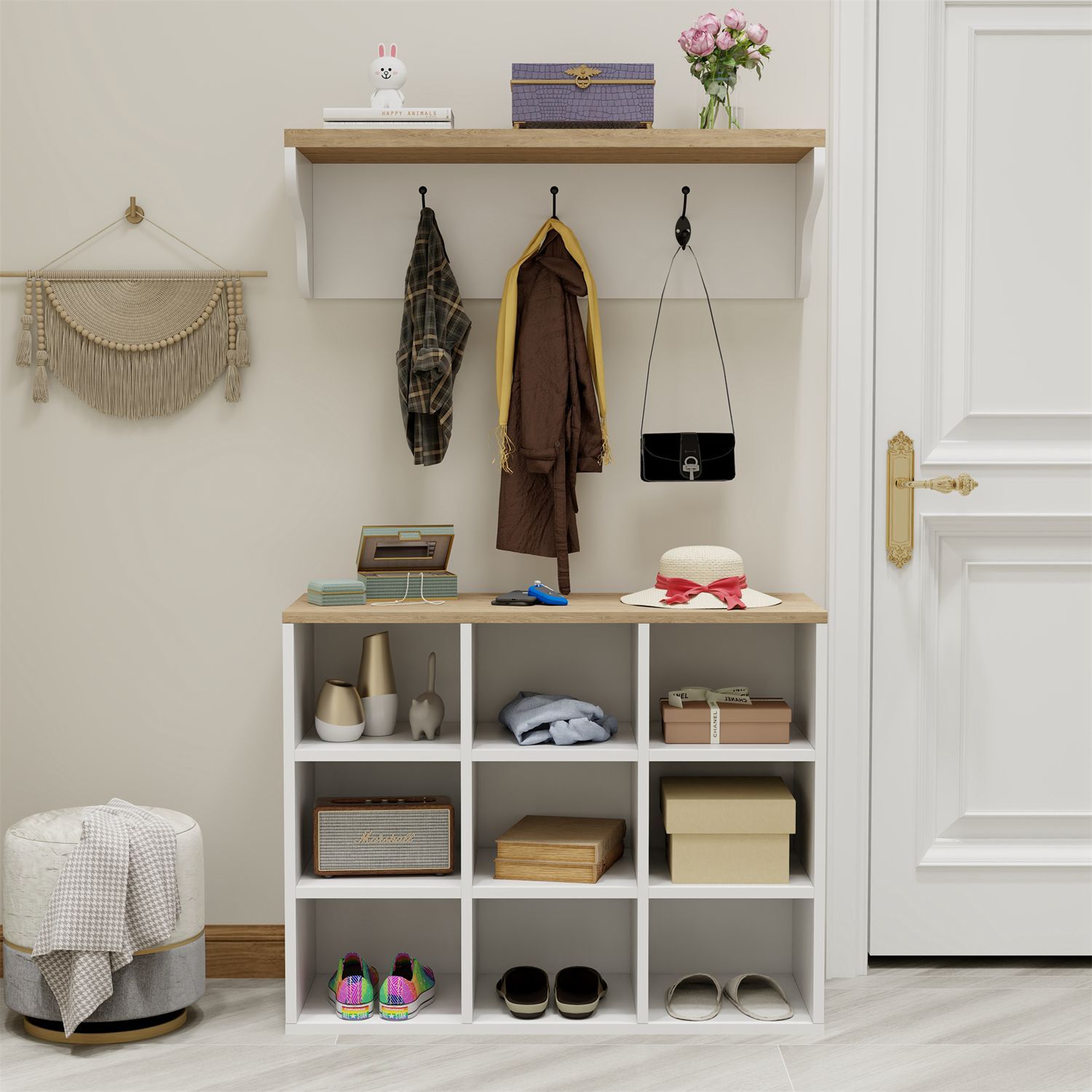 Prepac 27" Narrow Hall Tree with 9 Shoe Cubbies, Black