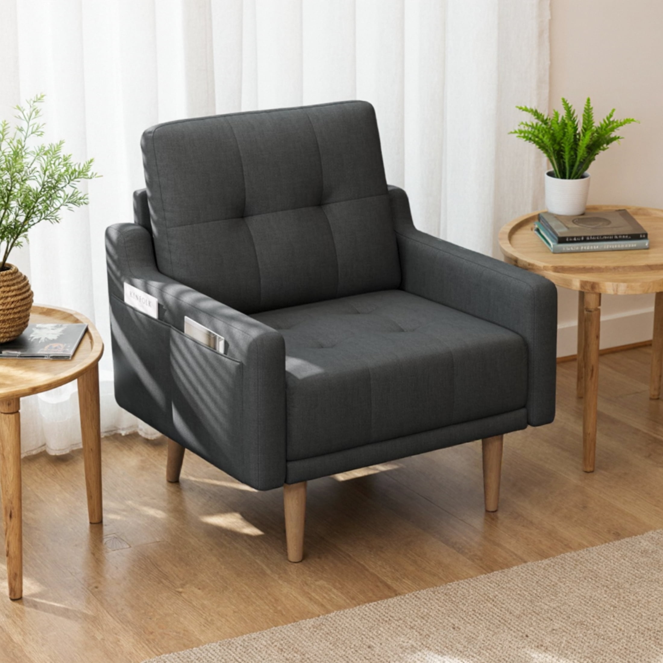 EPOWP Modern Upholstered Arm Chair, Mid Century Accent Club Chair with Side Pocket for Living Room, Bedroom, Office, Reading, Office, Dark Gray
