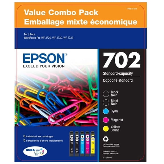 EPSON 702 DURABrite Ultra Ink Standard Capacity Black & Color Cartridge Ink Value Club Pack T7021-5-SVH Works with WorkForce Pro WF-3720, 3730, 3733 Sold Without Manufacturer Warranty