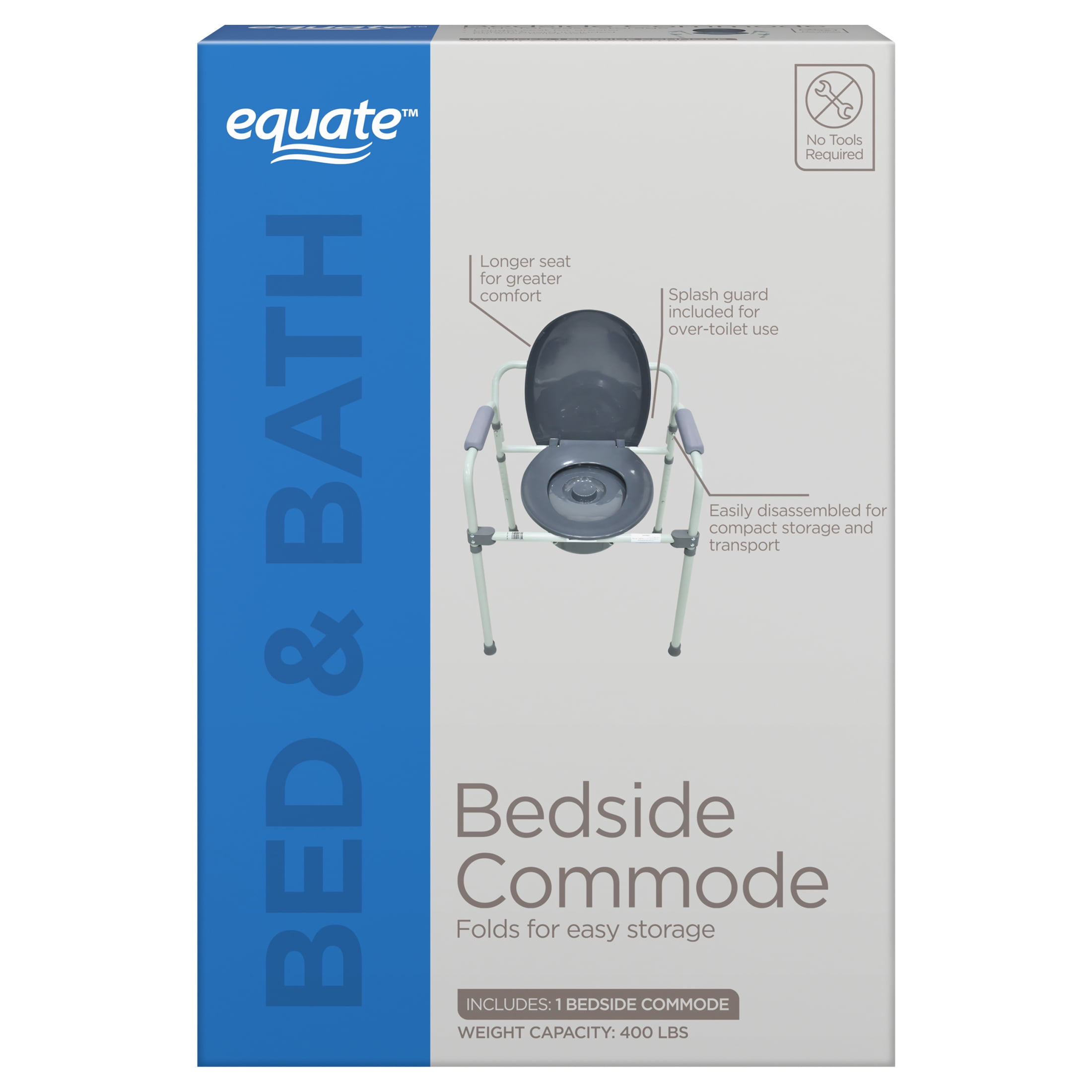 Equate Steel Foldable 3-in-1 Bedside Commode Toilet, Gray – 400 lb Weight Capacity