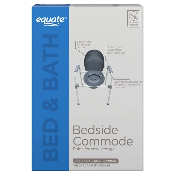 Equate Steel Foldable 3-in-1 Bedside Commode Toilet, Gray  400 lb Weight Capacity