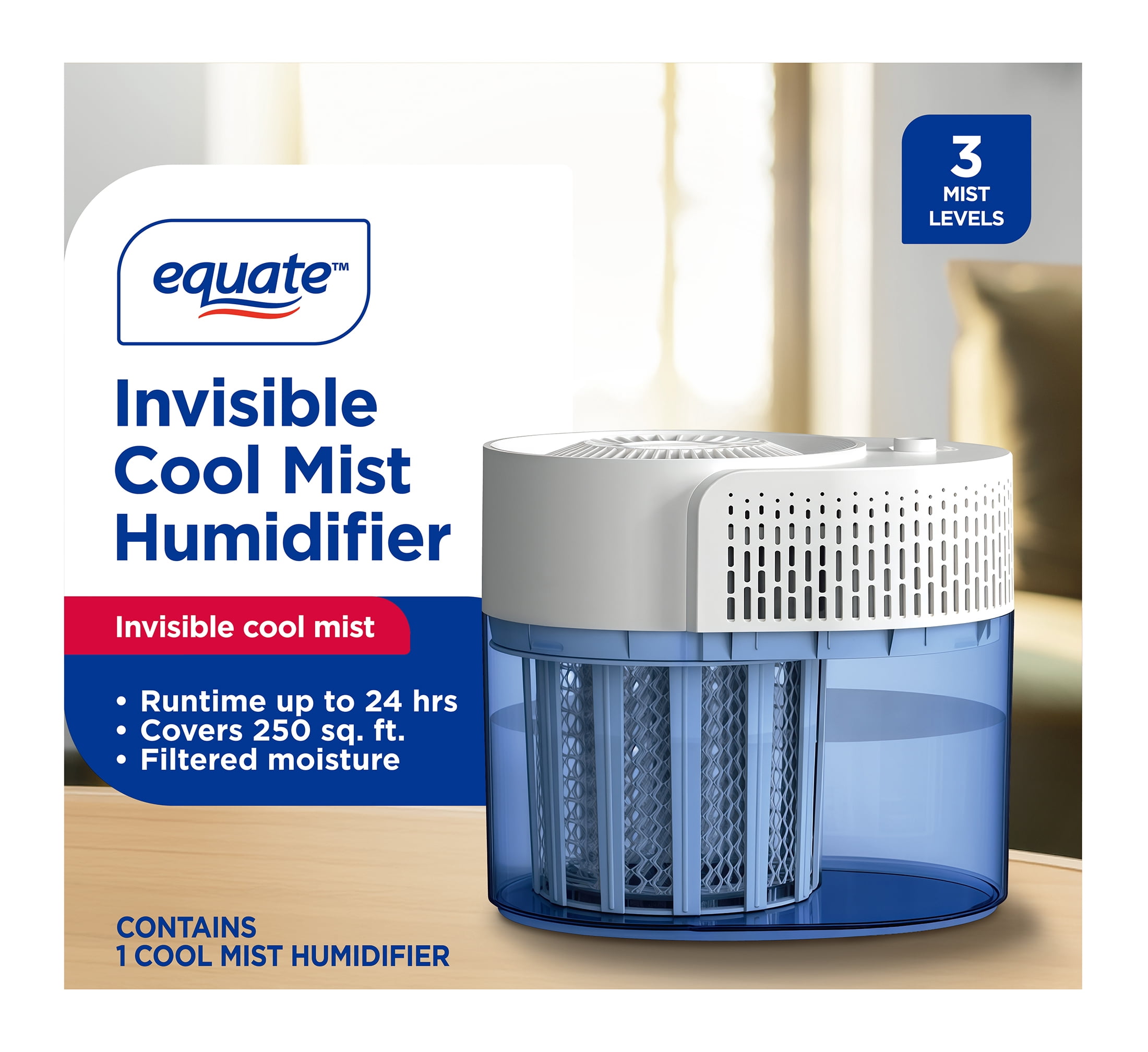 Equate Invisible Cool Mist Humidifier, 1.05 Gallon with Filter