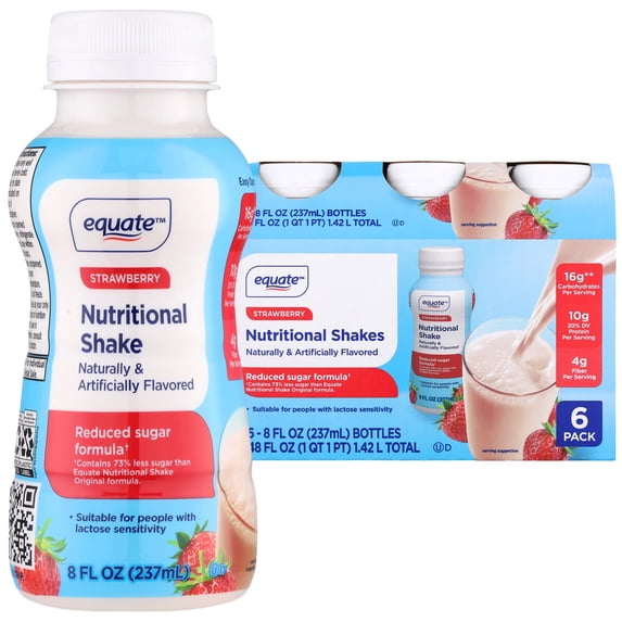 Equate Reduced Sugar Formula Nutritional Shakes, Strawberry, 8 fl oz, 6 Count