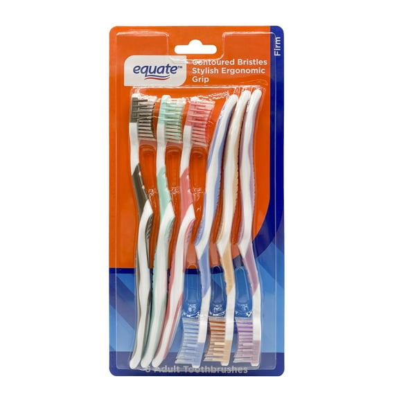 Equate Manual Toothbrush with Firm Bristles, Contoured Bristle Shape + Ergonomic Grip, 6 Pack