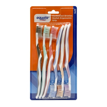 Equate Manual Toothbrush with Soft Bristles, Contoured Bristle Shape + Ergonomic Grip, 6 Pack