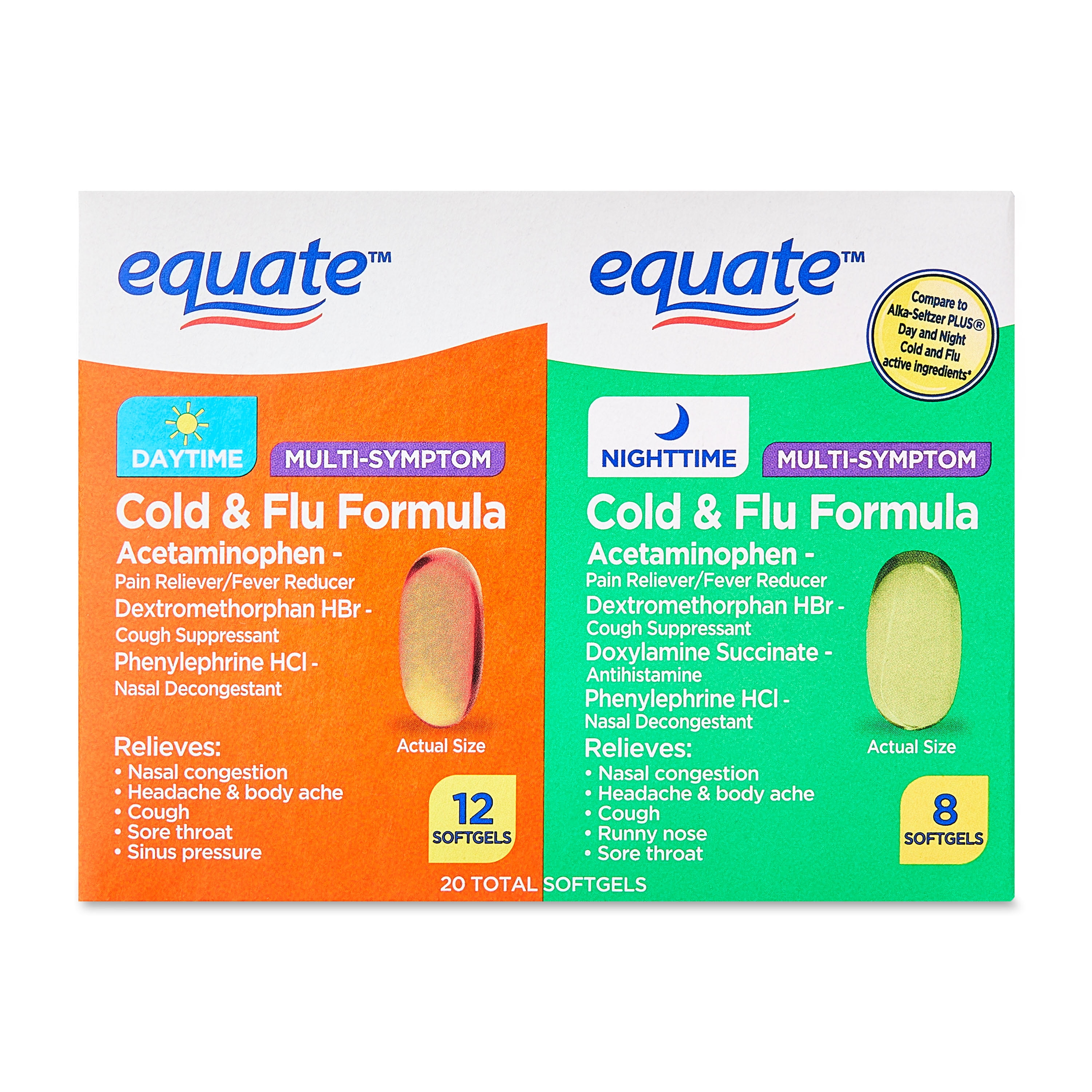 Equate Daytime & Nighttime Cold & Flu Softgels, 20 Count  Compare to Alka-Seltzer Plus Cold & Flu
