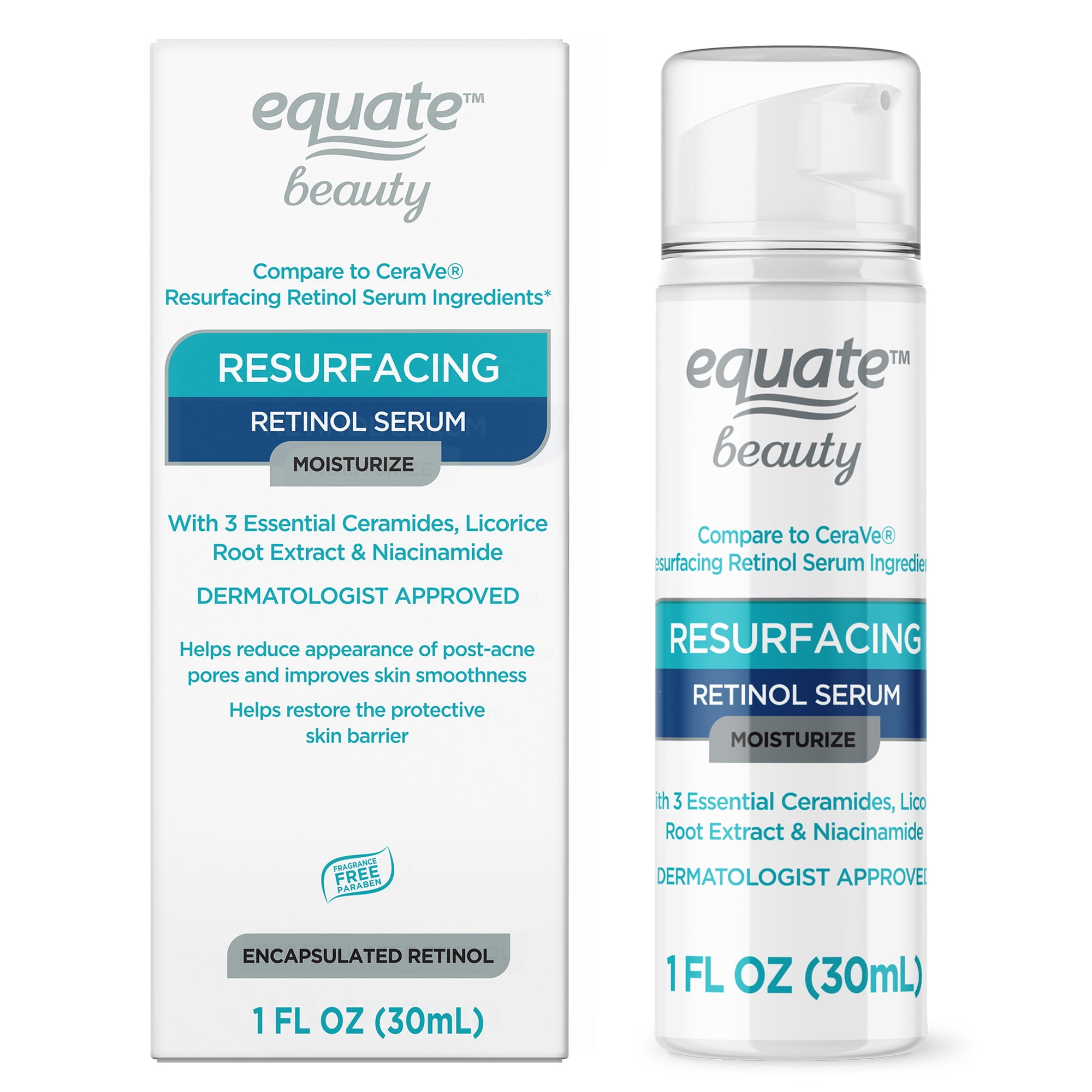 Equate Resurfacing Retinol Moisturizing Serum for Face Care, 1 fl oz, Compare to CeraVe Resurfacing Retinol Serum Ingredients