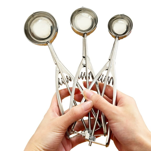EQCOTWEA 3pcs Ice Cream Scoops Spring Handle Masher Ice Cream Mashed Potatoes Fruit Balls 3 Sizes Stainless Steel