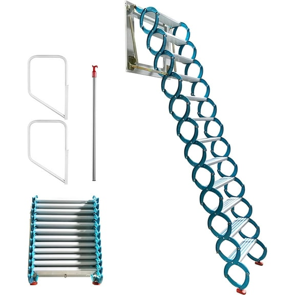 EQCOTWEA 9.8ft Wall Mounted Attic Extension Ladder Pulldown Attic Stairs Blue-White 12 Pedals Mg-Al Alloy