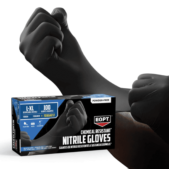 EQPT Disposable Nitrile Gloves, Powder-Free, L/XL, Black, 100 Count