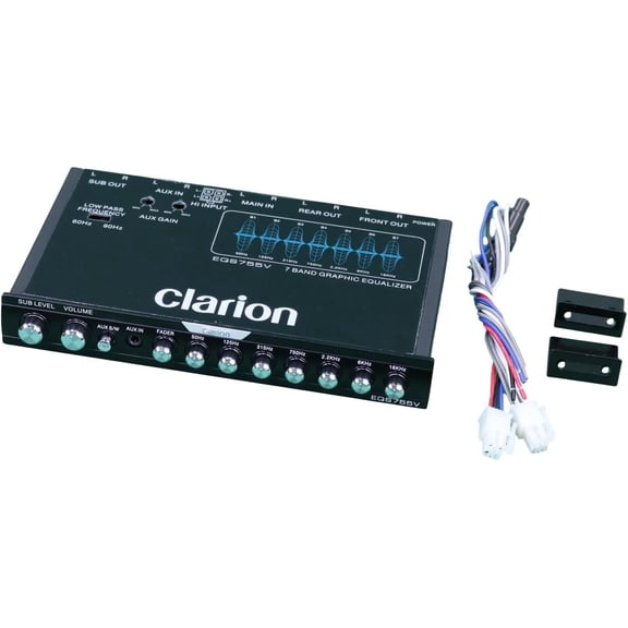 EQS755V 7-Band Car Audio 1/2-DIN Size Car Graphic Equalizer/Crossover with Front 3.5mm Auxiliary Input, Rear RCA Auxiliary Input and High Level Speaker Inputs