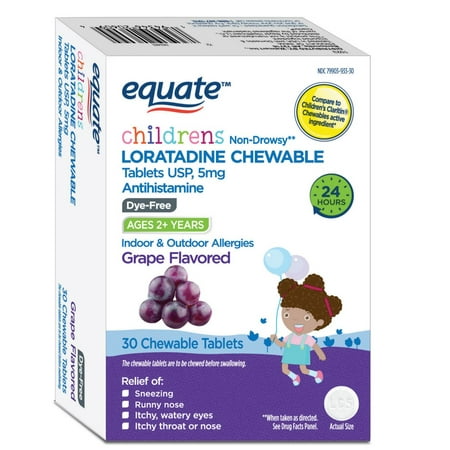 Equate Children's Dye-Free Non-Drowsy Loratadine Grape Flavor Chewable Tablets, 5 mg, 30 Count