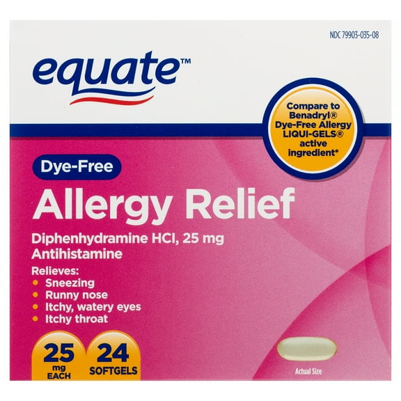 Equate Dye Free Allergy Diphenhydramine HCI, 25 mg Antihistamine, 24 Count