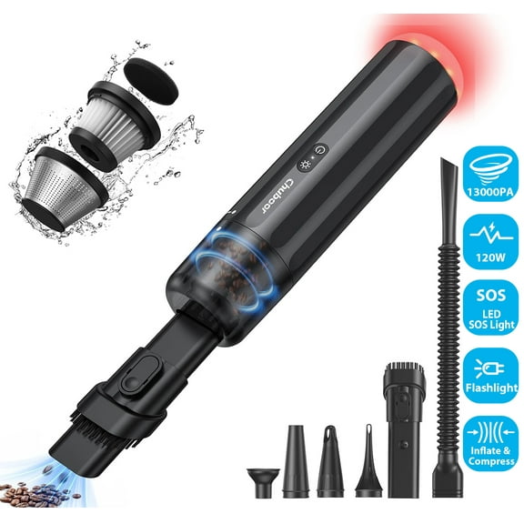 EQUIPD Handheld Vacuum 13000PA Powerful Car Vacuum Cleaner High Power Cordless Rechargeable Portable Mini Vacuum with LED SOS Light Small Hand Held Vacuuming Cordless Dust Busters (Black)