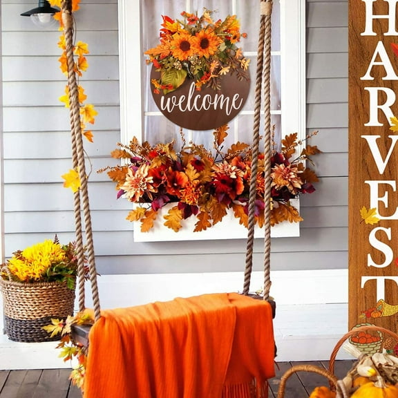 EQWLJWE 12 inch Fall Wreaths Welcome Sign for Front Door with Maple Leaves Pumpkin Sunflower Autumn Door Wreath for Thanksgiving Halloween Harvest Farmhouse Holiday Wall Window Home Decoration