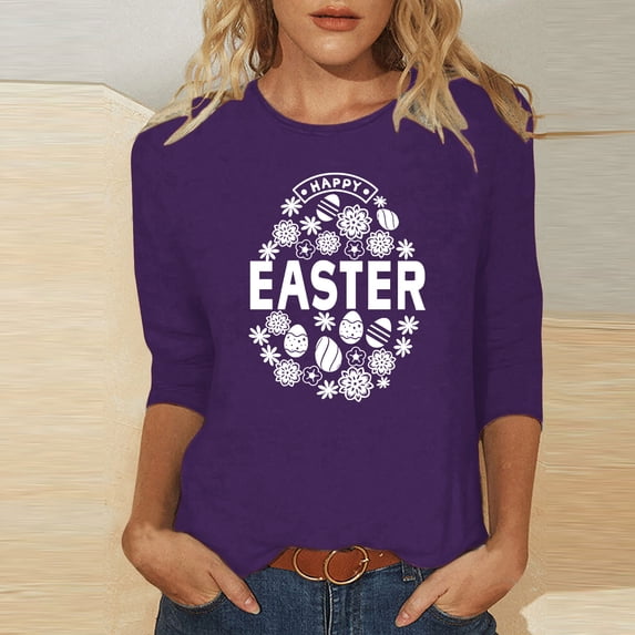 EQWLJWE 2024 Easter Day Shirts for Women Casual 3/4 Sleeve Cute Flower Eggs Graphic Tees Trendy Workout Tunic Tops Comfy Three Quarter Loose Blouse for Summer Spring (Purple,M)