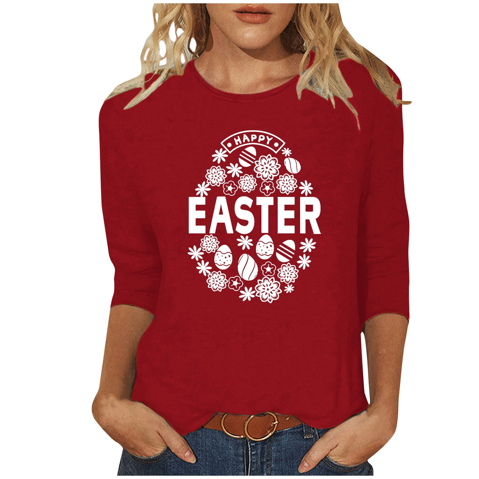 EQWLJWE 2024 Easter Day Shirts for Women Casual 3/4 Sleeve Cute Flower ...