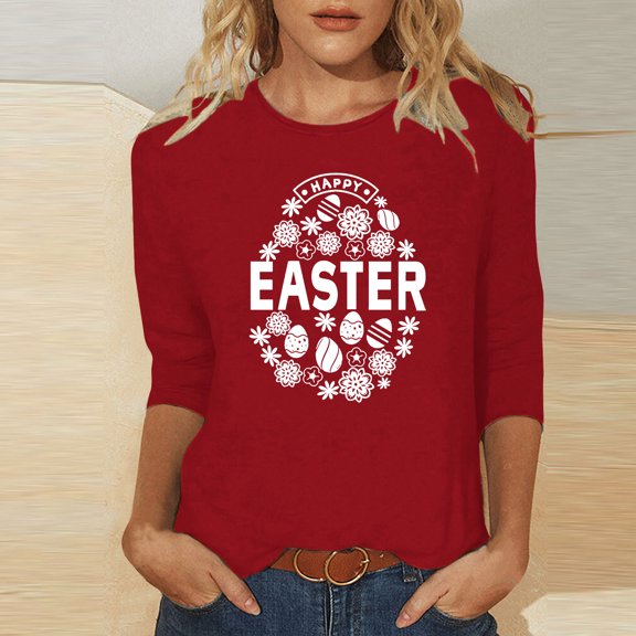 EQWLJWE 2024 Easter Day Shirts for Women Casual 3/4 Sleeve Cute Flower Eggs Graphic Tees Trendy Workout Tunic Tops Comfy Three Quarter Loose Blouse for Summer Spring (Red,2XL)