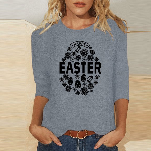 EQWLJWE 2024 Easter Day Shirts for Women Casual 3/4 Sleeve Cute Flower Eggs Graphic Tees Trendy Workout Tunic Tops Comfy Three Quarter Loose Blouse for Summer Spring (Gray,L)