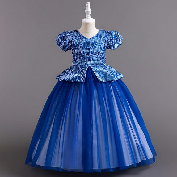 EQWLJWE 2024 Flower Girl Dress for Wedding Bridesmaids Toddler Girls Pretty Short Sleeve Formal Party Dresses Streetwear (Blue,6-7 Years)