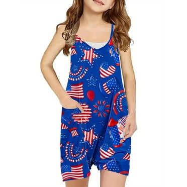 EQWLJWE 4th of July Little Girls American Flag Sleeveless Romper,Kids Summer Casual Spaghetti Strap Short Jumpsuit with Pockets Blue 7-8 Years